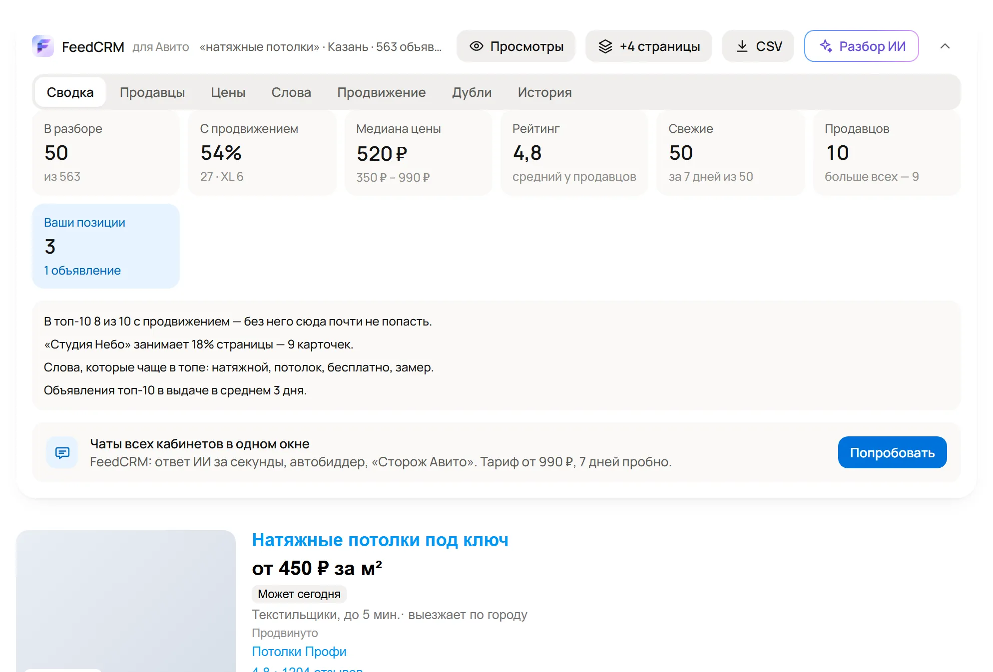 Панель FeedCRM над выдачей Авито: продвижение, медиана цены, продавцы, слова топа